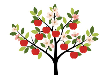 Apple Tree Illustration: Red Apples, Blossoms, Green Leaves, and Black Branches on White Background. Flat Vector Graphic for Print, Design, & Education Use