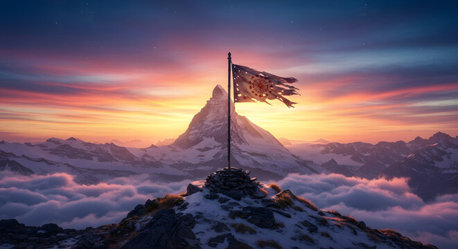 Tattered Flag Waving on Snowy Mountain Peak at Sunrise: Matterhorn View, Swiss Alps Landscape, Mountain Success, Achieving Goals, Adventure & Exploration