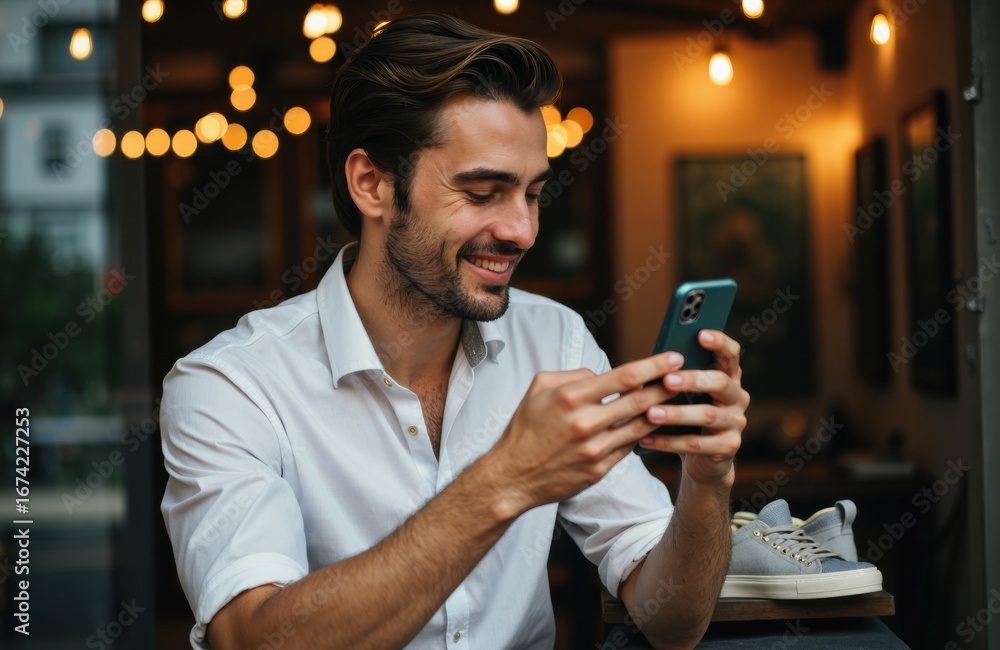 Aufkleber a man smiling while using a smartphone in a cozy indoor setting