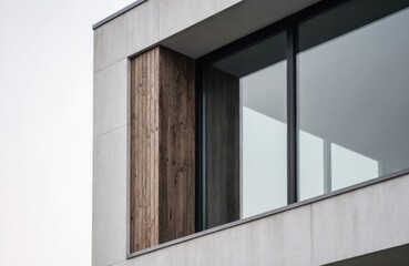 Fototapeta premium Modern building facade with concrete, wood, and glass elements creating a sleek architectural design