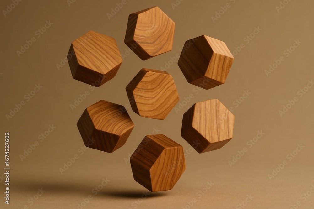 Poster cascading wooden hexagons creating dynamic geometric pattern with natural wood grain textures visibl