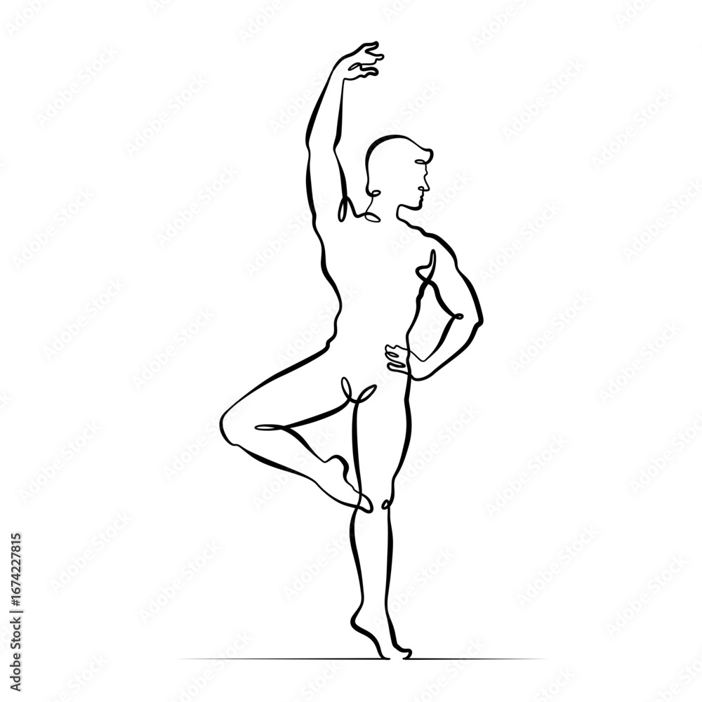 Poster continuous one line drawing male dancer. ballet dancer. one continuous line isolated minimal illustr