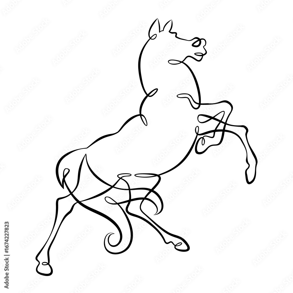 Poster continuous one line drawing beautiful horse. symbol of the year 2026 is a fiery horse. one continuou