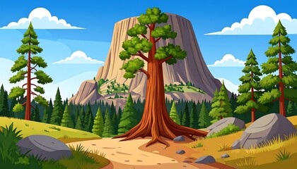 A verdant landscape with a majestic rock formation and towering trees dominates the scene.