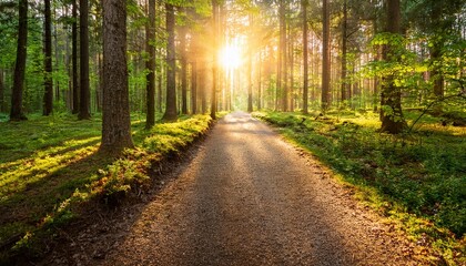 Obraz premium world environment day with conservation and action idea serene forest path illuminated by sunset rays