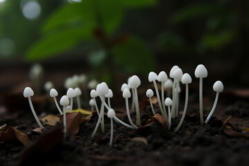 A Colony of Small White Mushrooms Growing in the Dark Soil of a Forest Floor with Green Leaves in the Background