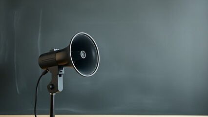Megaphone positioned before a blank blackboard, representing communication and learning in a simple setting.