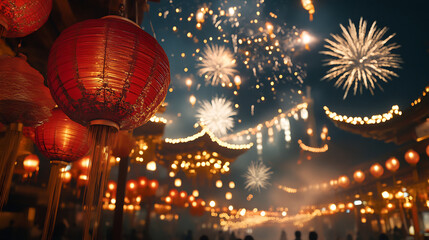 Red lantern festival night celebration fireworks traditional Chinese vibrant glowing joyful atmosphere fill scene with cultural charm and excitement during festive night event