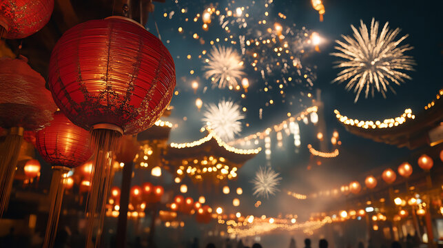Red lantern festival night celebration fireworks traditional Chinese vibrant glowing joyful atmosphere fill scene with cultural charm and excitement during festive night event - Powered by Adobe