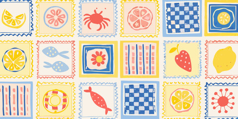 Whimsical summer pattern with fruits sea creatures and geometric designs © Dibyendu