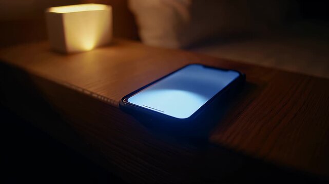 Phone screen with unknown caller glowing on wooden surface at night  