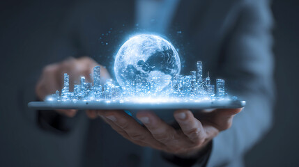 Futuristic holographic globe and cityscape projected from a digital device