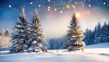 Fototapeta premium two snow covered pine trees with twinkling lights in a winter wonderland setting