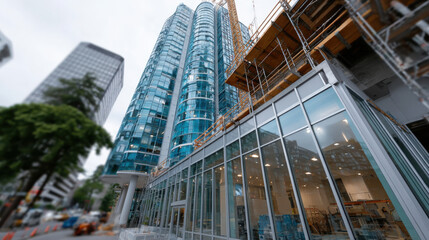 An architectural marvel in progress, showcasing a tall glass tower under construction, highlighting modern building techniques and the essence of urban development.
