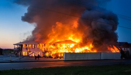 massive fire engulfs building with thick smoke and vibrant flames during twilight