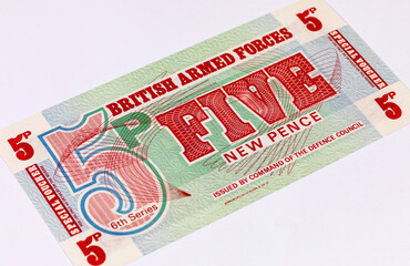 5 New Pence British Armed Forces. Special vouchers used by the British armed forces. Money of the united kingdom.