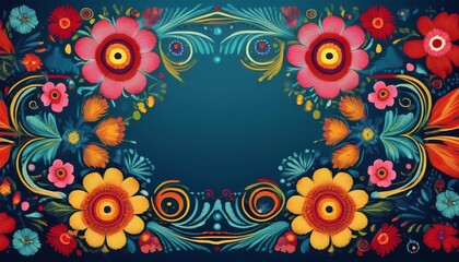 Fototapeta premium vibrant otomi tenango embroidery floral frame for fiesta invitation