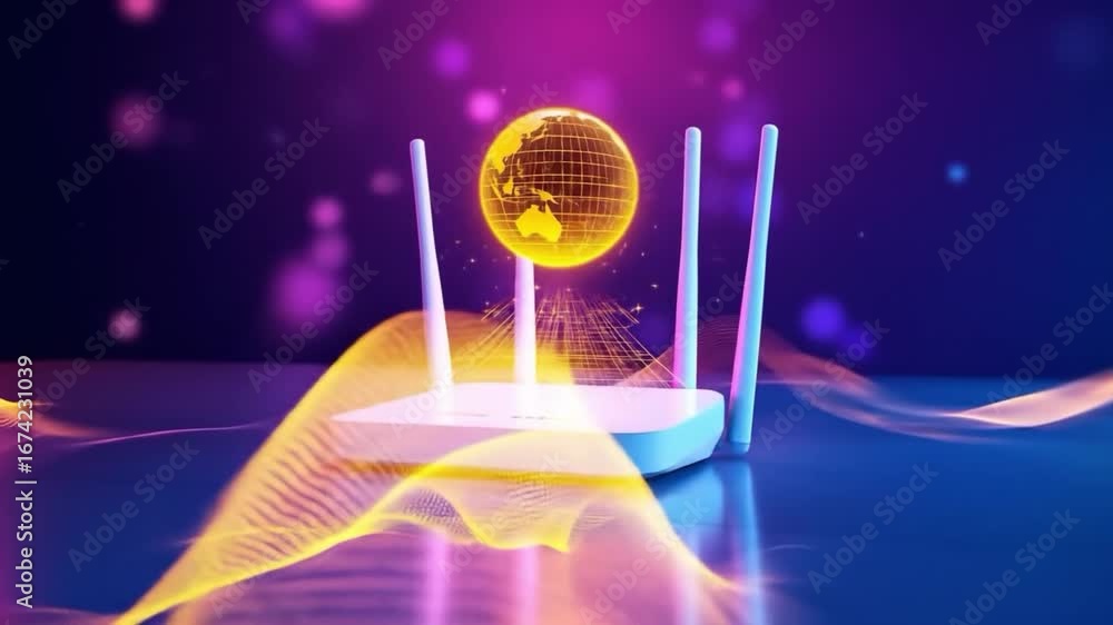 Poster wireless router with holographic globe and abstract waves
