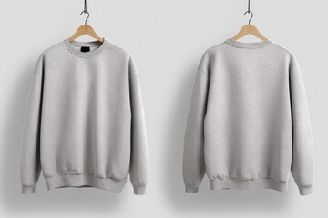 Light gray sweatshirt on hangers, front and back view