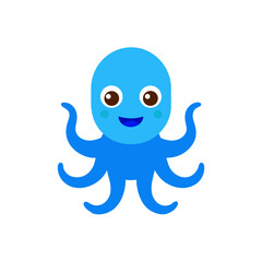Obraz premium Cartoon blue octopus with big brown eyes on transparent background