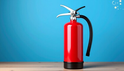 Red fire extinguisher on a light brown surface