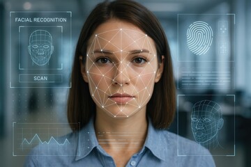 Facial Recognition Technology: A woman's face is analyzed by facial recognition software, showcasing cutting-edge technology and data processing.