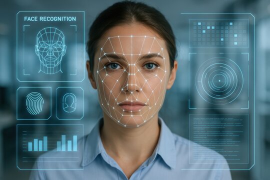 Facial Recognition Technology: A close-up shot of a woman's face overlaid with the intricate network of facial recognition software, symbolizing the intersection of technology and human identity.