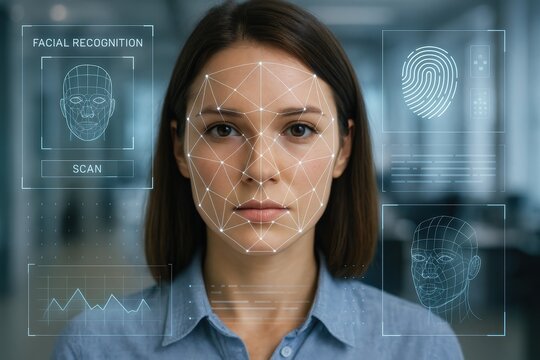 Facial Recognition Technology: A woman's face is analyzed by facial recognition software, showcasing cutting-edge technology and data processing. - Powered by Adobe