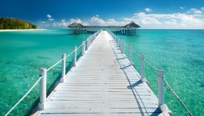 Fototapeta premium sun drenched white pier extending into calm turquoise water perfect for summer vacation imagery ideal for travel coastal and relaxation themes sunshine sea holiday
