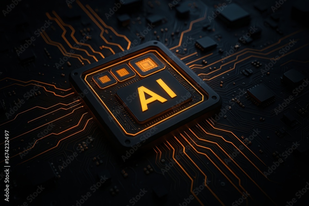 Poster cutting-edge ai microprocessor chip with glowing circuits against dark technological background