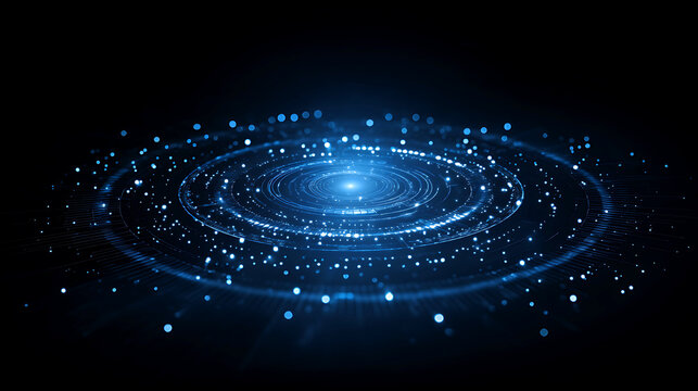 Abstract glowing blue circular galaxy formation with sparkling particles on black background