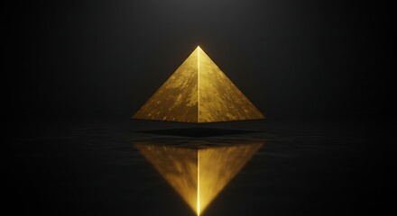 A luxurious golden pyramid levitates in a dark, minimalist environment, casting a perfect reflection on a glossy surface below