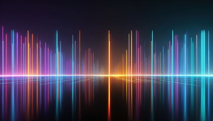 Abstract neon vertical lines reflecting on a dark surface