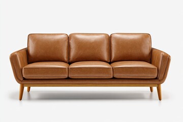 Light brown leather three-seater sofa with wooden legs