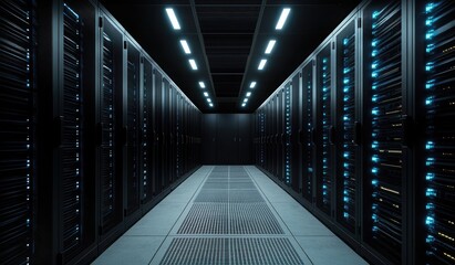Fototapeta premium Dark server room, rows of metal racks, glowing blue lights
