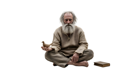Wise Old Man Meditating with Bird and Book