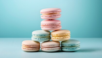 Fototapeta premium pastel macarons stacked on light blue background