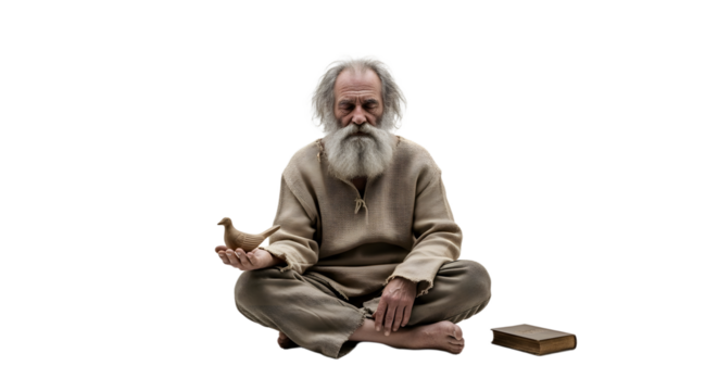 Wise Old Man Meditating with Bird and Book