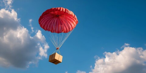 Red parachute with a cardboard box flying in the blue sky with clouds. Fast delivery service, shipping or humanitarian aid concept
