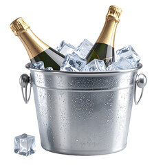 Chilled Champagne for Celebration: A stunning, photorealistic view of two bottles of champagne chilling in an ice bucket, presenting an inviting and celebratory feel.