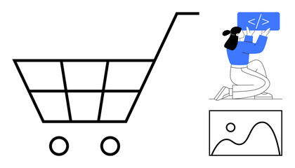 Shopping cart outline, developer working with code, and minimalistic graphic element. Ideal for e-commerce solutions, web development, user interface design, data integration, online shopping