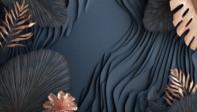 Elegant navy blue background with gold leaf and tropical leaves - Powered by Adobe