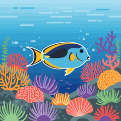 Naklejka premium Blue fish swims among colorful coral reef under the sea.