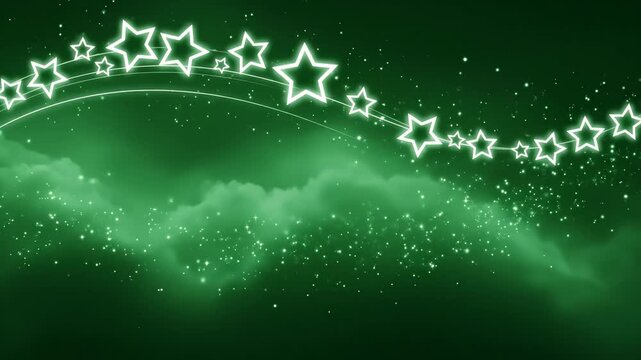 Dreamy Green Starry Night Background - A whimsical animation features a string of glowing white stars arcing across a dark forest green sky filled with sparkling dust and soft clouds.