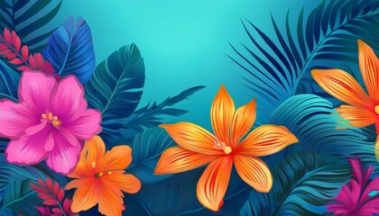 tropical background exotic fresh summer leaves plants and vivid colorful neon color flowers on pastel blue wallpaper generative ai