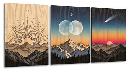 A mystical triptych art piece showing celestial events like the sun, moon, and a comet over a mountain range