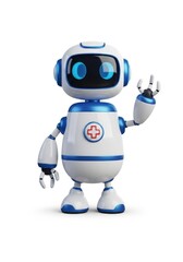 Friendly medical robot with a cross raises a hand, isolated on a white background