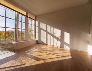 sunlit empty room with large windows and shadow patterns on the wall