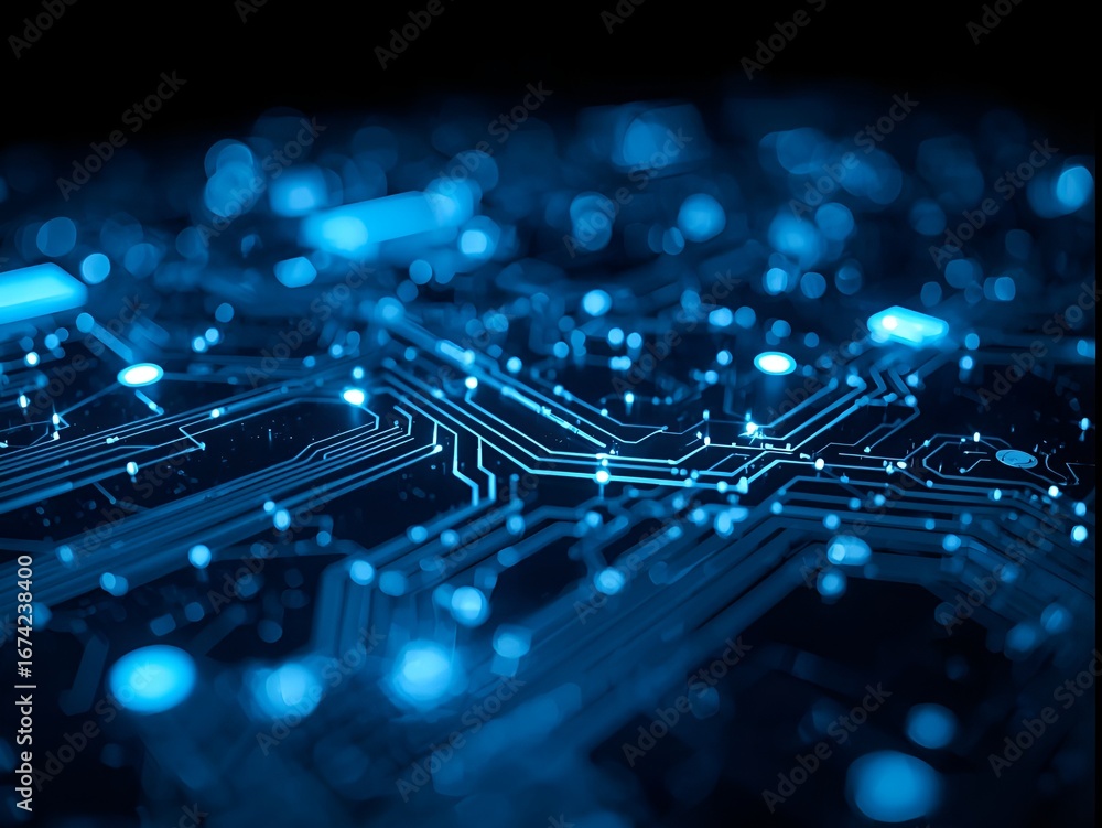 Poster abstract digital blue circuit board with glowing lights and connections representing technology and 