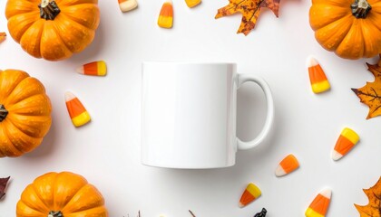 Autumn Halloween themed flat lay featuring a blank white coffee mug mockup surrounded by pumpkins and candy corn